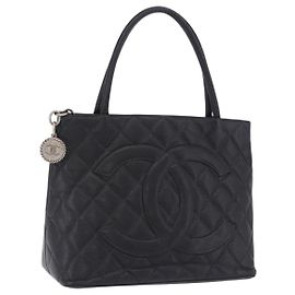 Borsa Tote CHANEL Matelasse Reprint in pelle Caviar Nero Argento CC Auth 200753V