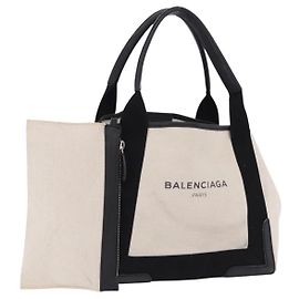Bolso de mano BALENCIAGA Navy Cabas Canvas White Black Auth hk4021