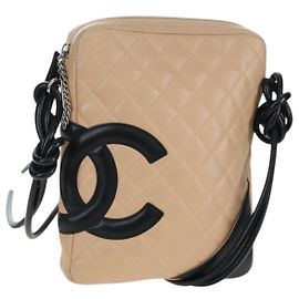 CHANEL Matelasse Cambon Line Schultertasche aus Leder Beige Silver CC Auth BA15637