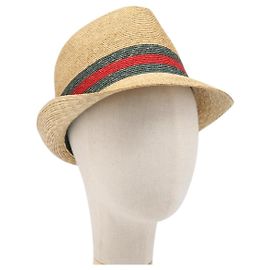 GUCCI Web Sherry Line Hat Straw Beige Auth BA15635V