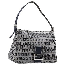 Borsa a tracolla FENDI Zucchino Canvas Mamma Baguette Navy Silver Auth 200709V