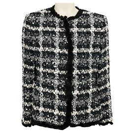 Chaqueta de tweed Oscar de la Renta Negro / Blanco / Gris carbón con ribete de piel de visón