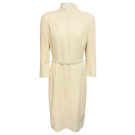 Vestido midi Akris Ivory de manga larga en crepé de lana con cremallera frontal y cinturón de cuero genuino