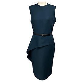 Christian Dior Teal Ärmelloses Crepe-Etuikleid Midi mit Rüschen und Gürtel