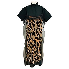 Abito midi Sacai Tan / Black Multi Mixed Media Leopard Print
