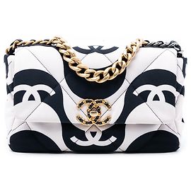 Chanel Medium 19 Flap Satchel aus weißer bedruckter Seide