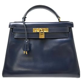 Hermès Hermes Kelly Blue Box Calf with Gold Hardware 28