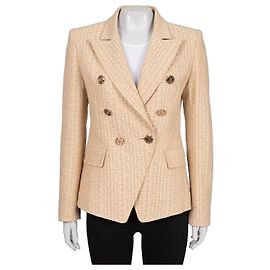 Balmain Beige Signature Print taillierte Jacke Sz.42 NWOT gebraucht