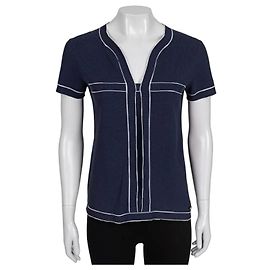 CHANEL T-Shirt aus Baumwolle in Blau mit weißem Kontrastbesatz Sz.38 gebraucht