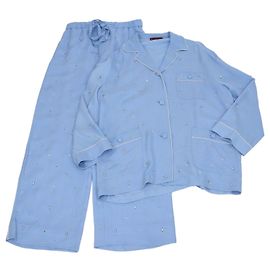 Conjunto de Camisa de Manga Larga y Pantalón Gucci en Mezcla de Seda Azul Adornado con Cuentas de Cristal