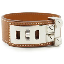 Hermès Hermes Collier de Chien 24 Armband aus Tan Leder T3 silberfarbenes Metall