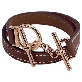 Hermès Bracelete Croisiere Double Tour em couro castanho e hardware ouro rosa Hermes