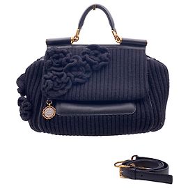Dolce & Gabbana Miss Sicily Crossbody-Schultertasche aus schwarzem Strick mit Blumenapplikationen