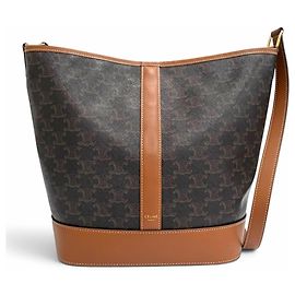Céline Celine Medium Bucket Triomphe Canvas Calfskin Shoulder Bag