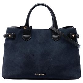 Borsa Satchel Banner Burberry in camoscio e pelle di vitello blu Medium