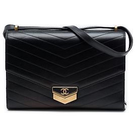 Chanel Black CC Chevron Calfskin Medal Flap