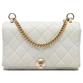 Chanel White Small Quilted Calfskin Pearl CC Accordion Flap