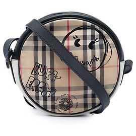 Bolsa tiracolo redonda Burberry Beige House Check em lona e couro de bezerro com estampa de desenho animado
