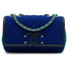 Chanel Blue Medium Tricolor Jersey CC Filigree Flap
