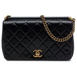Chanel Black Paris Rome Quilted Lambskin Gold Bar Flap