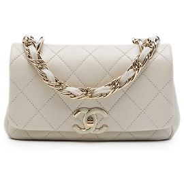 Chanel White Medium Quilted Lambskin Twist Chain Enamel CC Flap