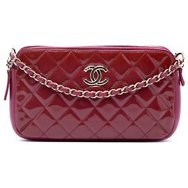 Chanel Red Quilted Patent CC Crown Double Zip Crossbody