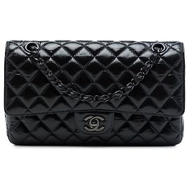 Chanel Black Medium Classic Shiny Crumpled Calfskin So Black Double Flap