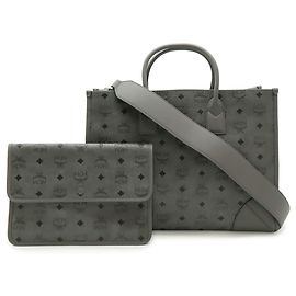 MCM Visetos Tote Bag Black and Gray Leather PVC