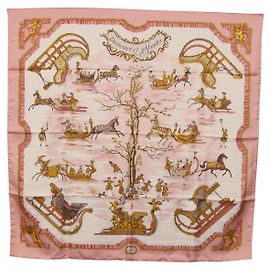 Hermès Pañuelo HERMES Carre 90 de Seda "Traineaux et Glissades" Rosa Blanco Auth 200402M