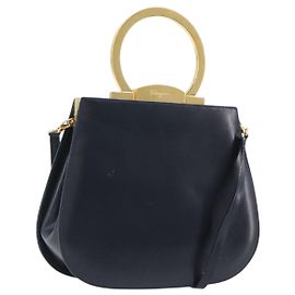 Bolsa Salvatore Ferragamo Gancini em Couro 2way Navy Tom Dourado Autêntica 202857V