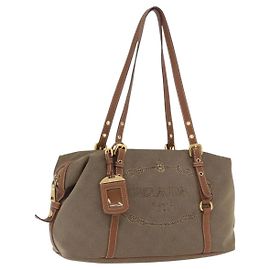 Saco Tote PRADA Canvas Jacquard Beige Gold Auth 200549M