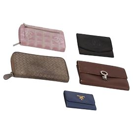 Porta-chaves Carteira CHANEL Prada Bottega em Couro e Lona Conjunto de 5 Preto CC Auth ti4028