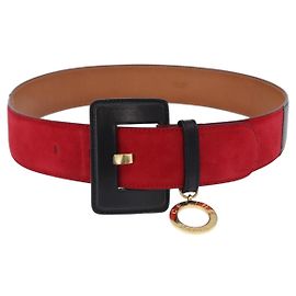 Céline CELINE Circle Belt Leather 29.9"" Red Gold Auth 203046