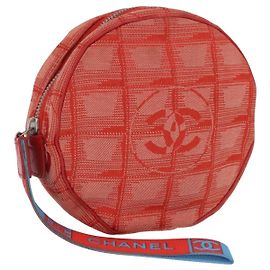 CHANEL New Travel Line Pouch Canvas Red Silver CC Auth 202970