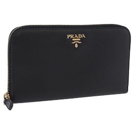 PRADA Lange Geldbörse Saffiano Black Gold Tone Auth 203079