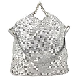 CHANEL COCO Mark Punching Schultertasche aus Leder 2way Silver CC Auth 197660