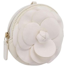 CHANEL Camelia Coin Purse Lamb Skin White Gold CC Auth 202721M