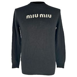 Maglione in lana nera con logo ricamato Miu Miu