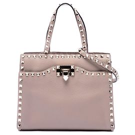 Valentino Brown Grained Calfskin Rockstud Flip Lock Tote