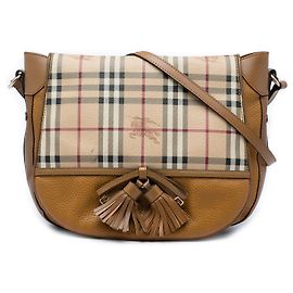 Borsa a tracolla con patta Burberry Beige Haymarket Check in tela rivestita e vitello