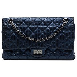 Chanel Blue Quilted Metallic Striped Aged Calfskin Reissue 2.55 Accordion Flap 226