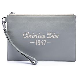 Autre Marque Dior 1947 Signature A5 Pouch aus grauem genarbtem Kalbsleder