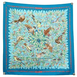 Hermès NUEVO PAÑUELO HERMES LES MERISES A. DE JACQUELOT CARRE 90 DE SEDA AZUL