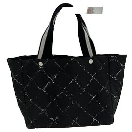 Chanel Old Travel Line Saco Cabas Lona Preto Branco