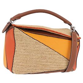 Borsa a mano LOEWE Puzzle Bag in pelle e rafia 2way Beige Silver Auth ka6171M