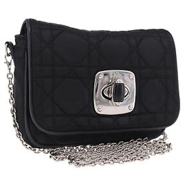 Borsa a tracolla con catena Christian Dior Nylon Nero Argento Auth 203219