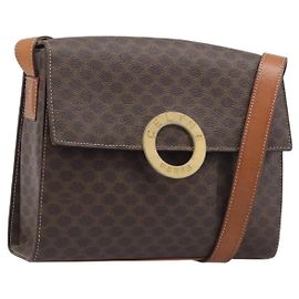 Céline Borsa a tracolla rotonda CELINE Macadam Canvas PVC Pelle Marrone Oro Auth 202958