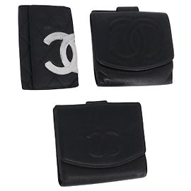 Carteira CHANEL em Couro Conjunto de 3 Preta CC Auth bs36923
