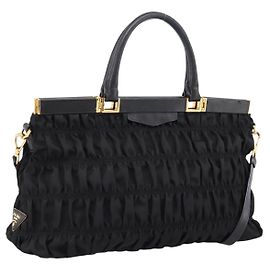 Borsa a mano arricciata PRADA Nylon 2way Nero Oro Auth 202889A