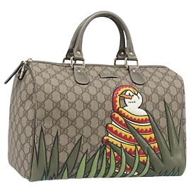 Bolsa Boston GUCCI GG Supreme PVC Bege Tom Dourado 189895 Auth 202805V